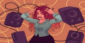 irritated lady surrounded by speakers