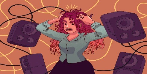 irritated lady surrounded by speakers