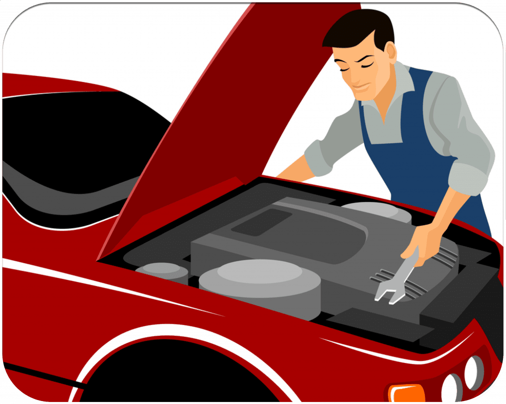 mechanic working on engine of a red car